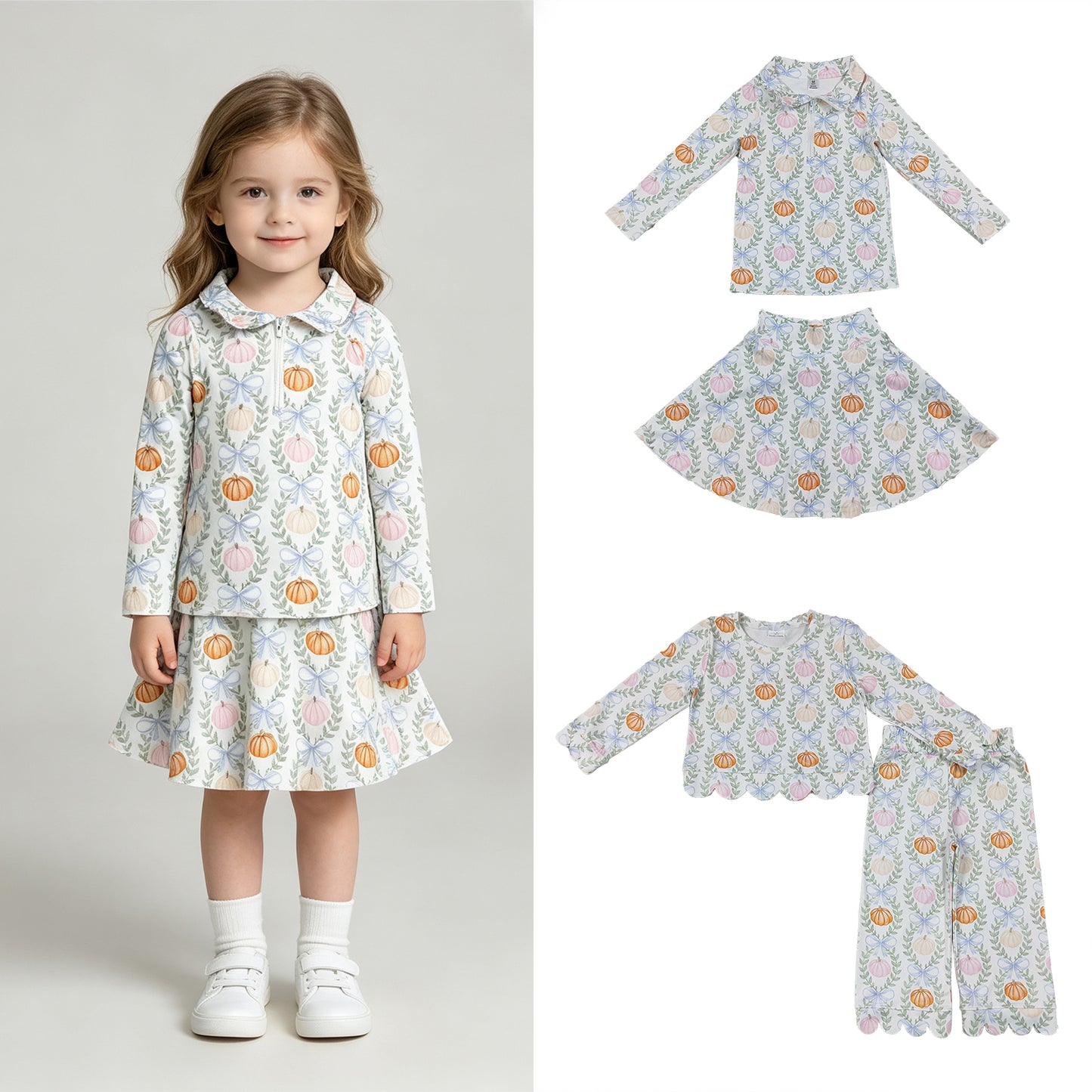 RTS NO MOQ Sibling milk silk Baby Girls Baby Girls Pumpkins Bows Checked Yoga Active Half Zip Fall Set