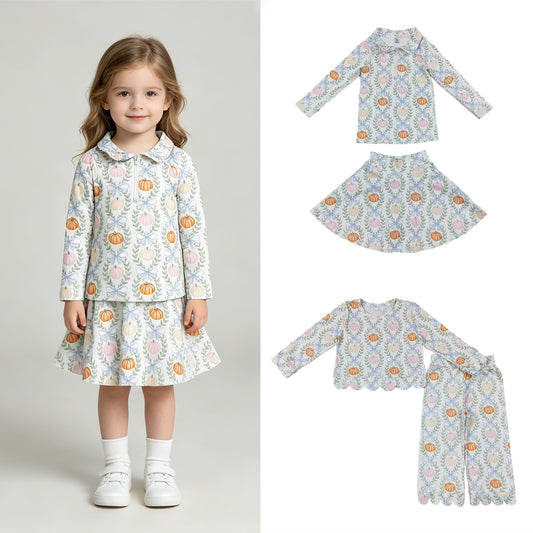RTS NO MOQ Sibling milk silk Baby Girls Baby Girls Pumpkins Bows Checked Yoga Active Half Zip Fall Set