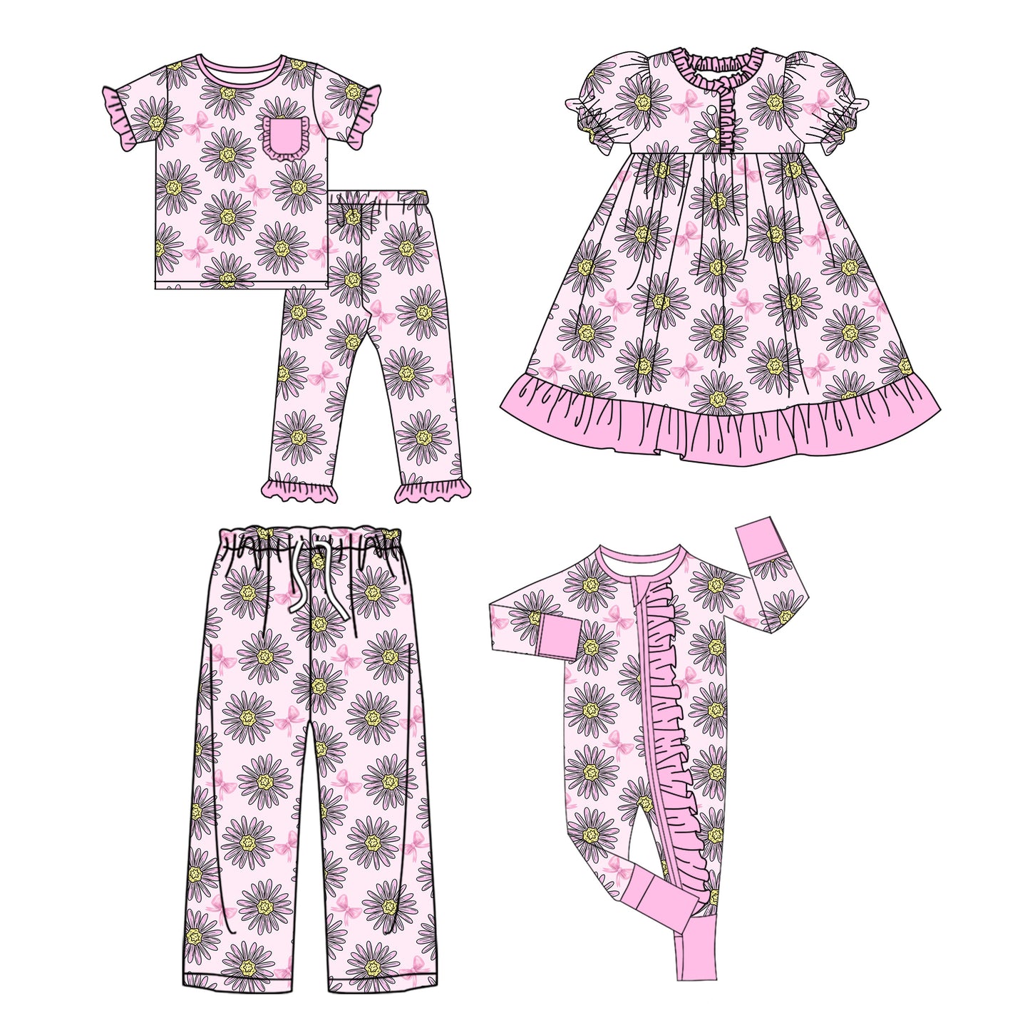 25.9.17 custom each style moq 8 eta 6-8week Sibling Sister floral baby short sleeve pants sets and romper and dress and adult pants match design