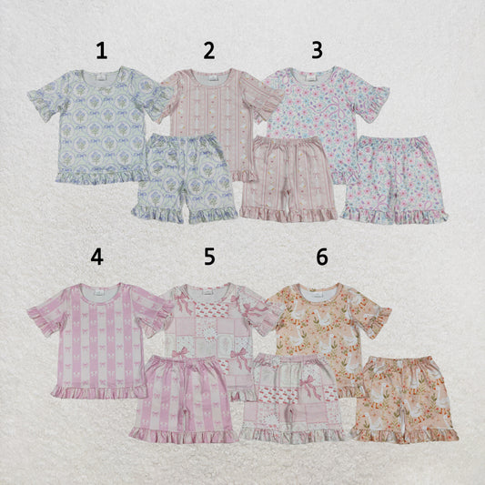 RTS NO MOQ Sibling milk silk Baby Girls Cute Flower Top Ruffle Shorts Pajama Outfit