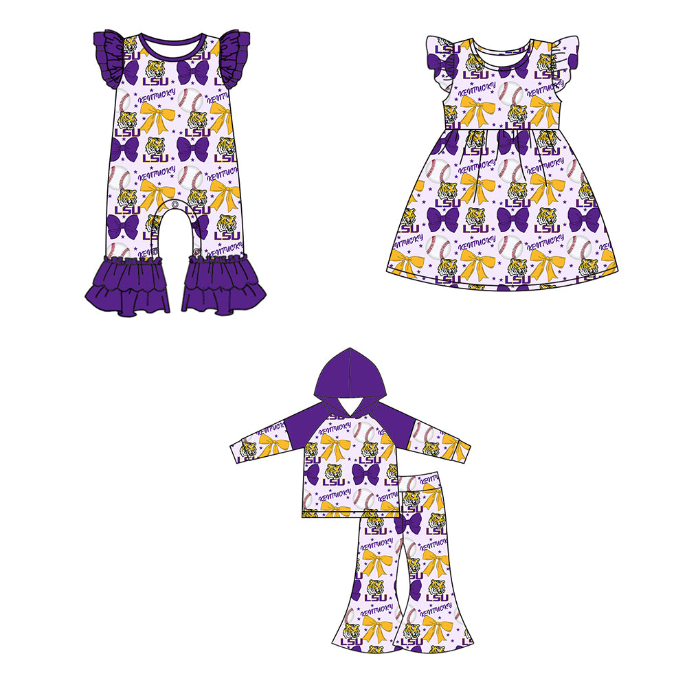 Custom moq 5 each style summer teams baby girls clothes team bow purple long sleeve hooded pants sets and dress and romper-25.6.13