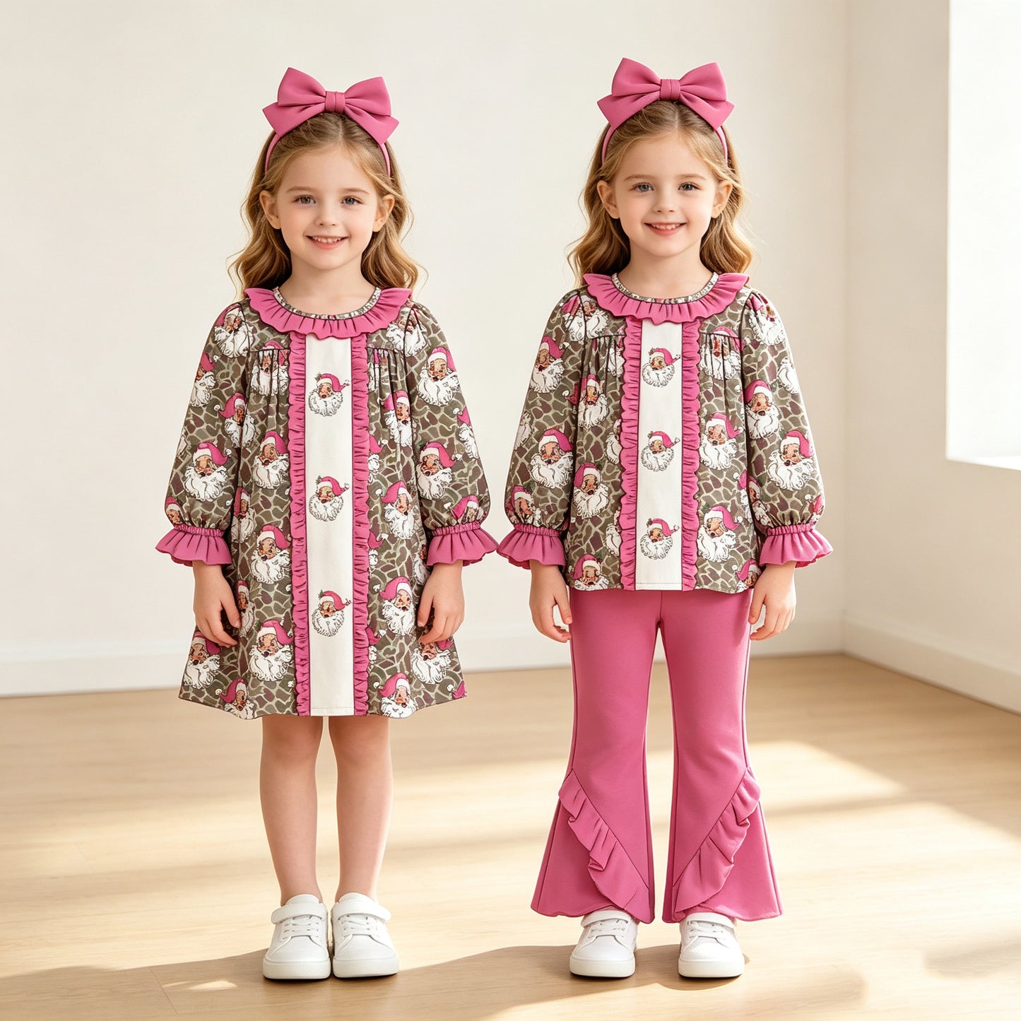 (Preorder new) No moq Baby Girls Khaki Camo Santa Tunic Bell Bottom Pant Christmas Clothes Set Fall Winter Outfit Dress