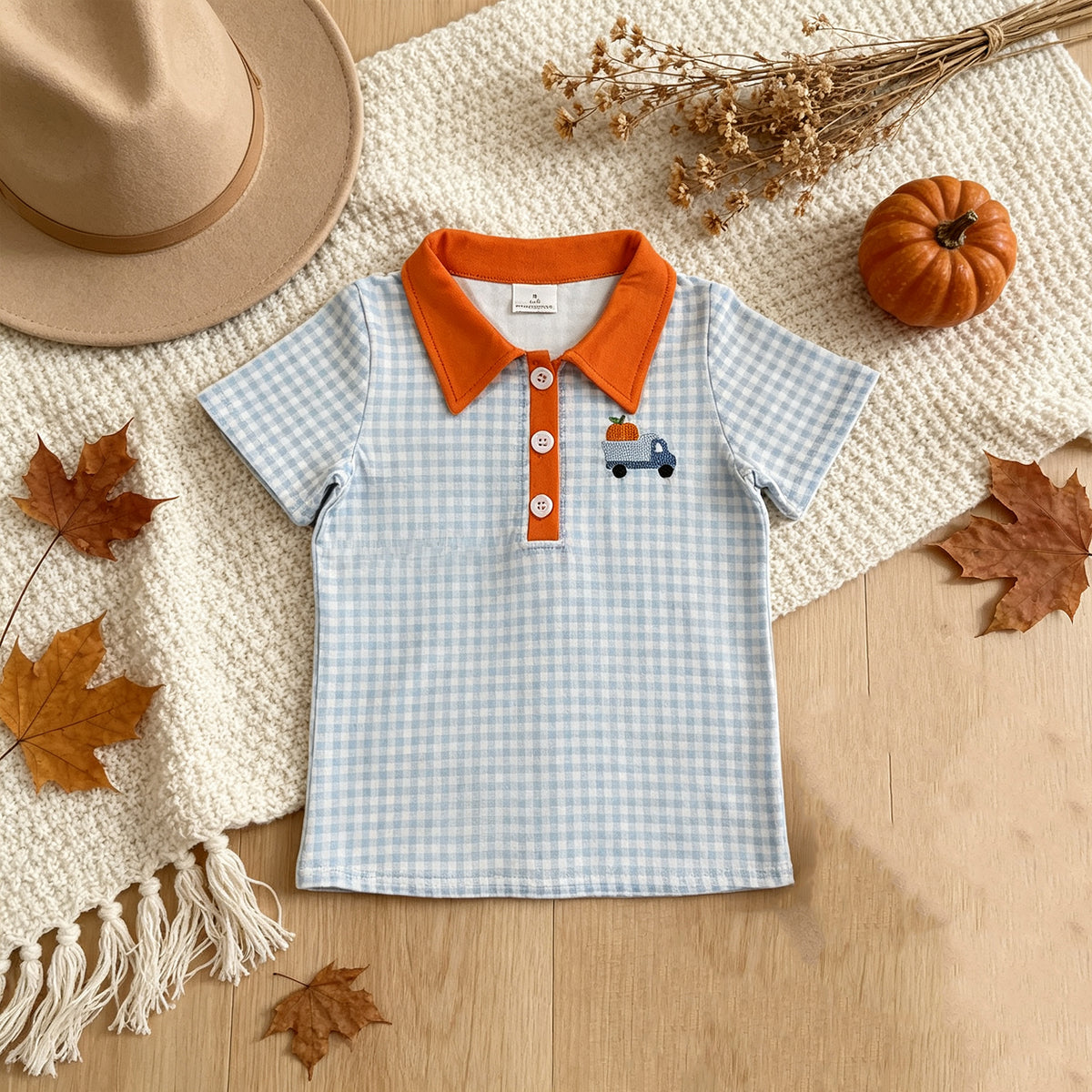 NEW RTS NO MOQ milk silk BT1890 Polos For Kids Boys Blue Checked Pumpkin Truck Fall Button Polo Shirts Top
