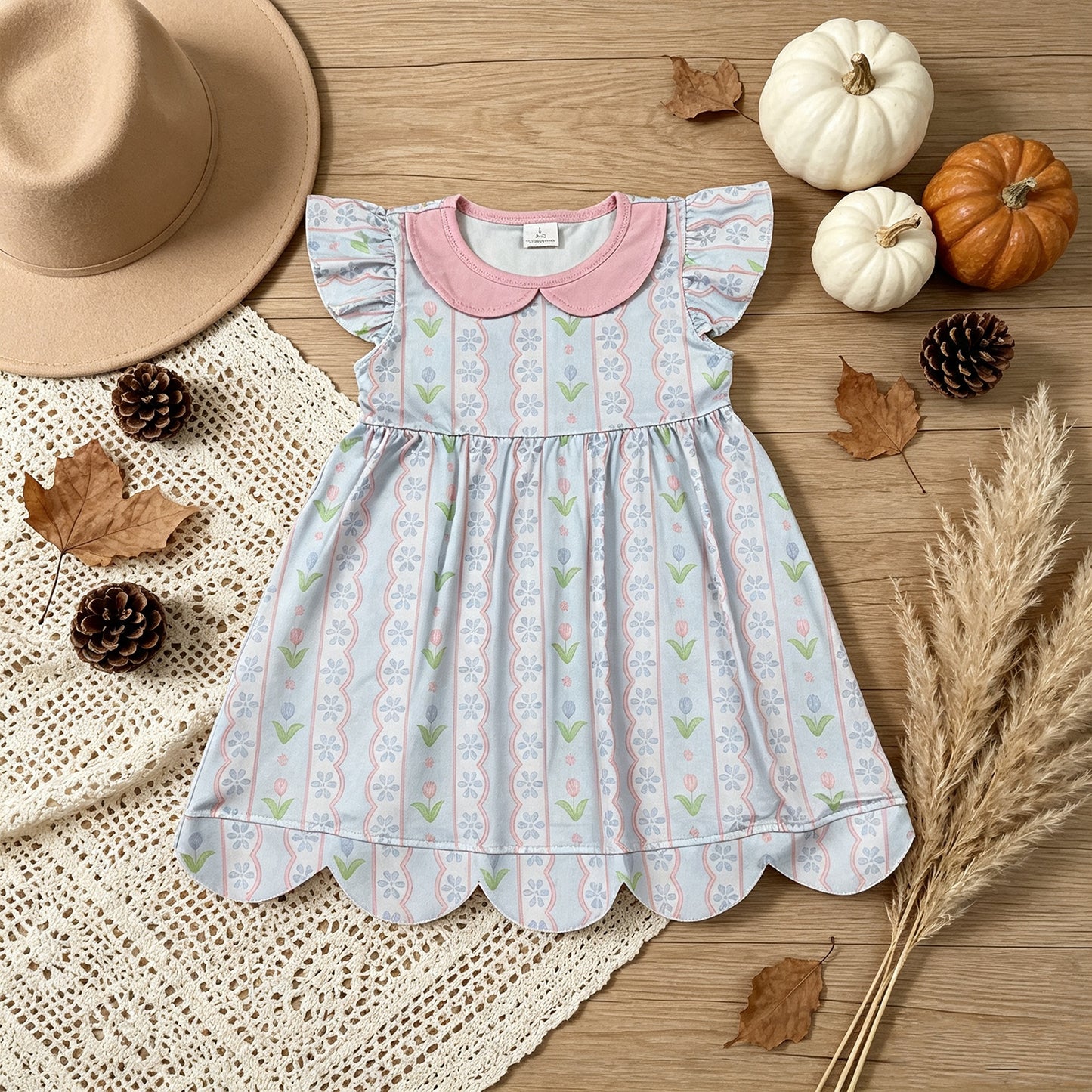 RTS No moq milk silk GSD3867 Baby Girls Flutter Sleeve Flowers Stripe Collar Scallop Knee Length Dresses