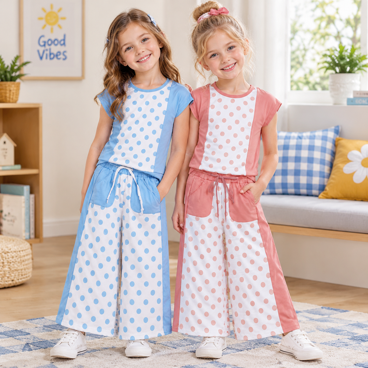 RTS NO MOQ Sibling yoga fabric Baby Girls Polka Dots Top Pockets Flare Pant Yoga Set