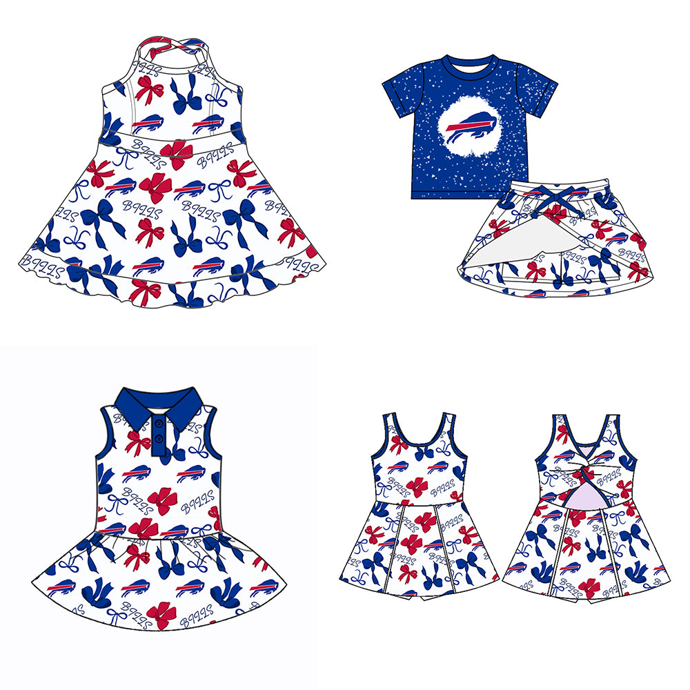 Custom moq 5 mix sizes summer teams baby girls clothes team blue short sleeve skirts shorts sets dress 1 and dress 2 and dress 3 and dress 4-25.5.26