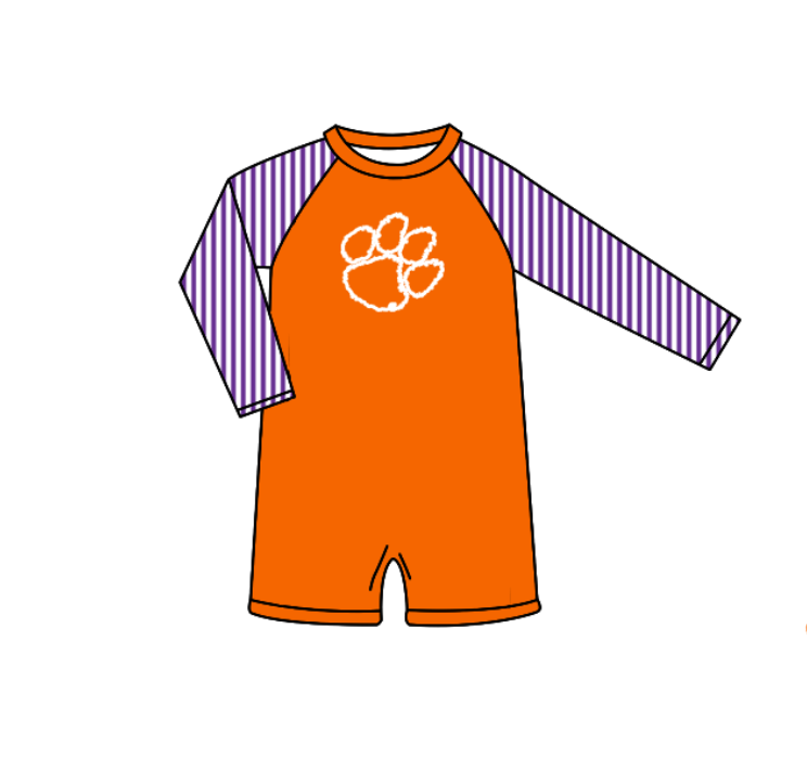 Custom moq 5 mix size milk silk summer teams baby girl boys clothes Orange Two-Piece Swimsuit Set One Piece Swimsuits boy swim trunks