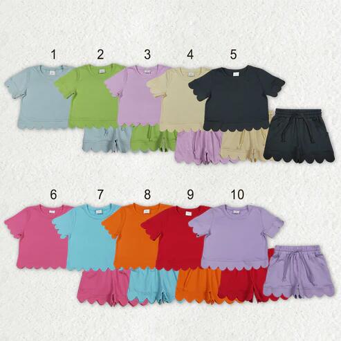 RTS NO MOQ Sibling Baby Girls Scallop Short Sleeve Top with Pockets Shorts Set Cute Casual Outfit