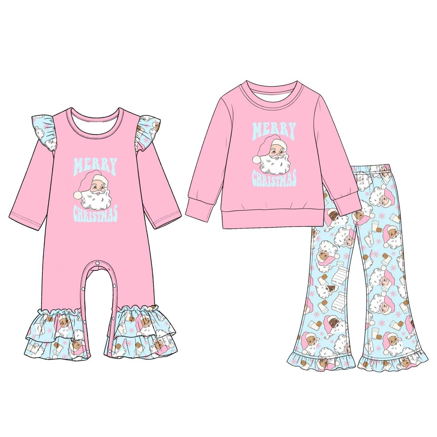 (Preorder new) No moq Baby Girls Merry Christmas Santa Print Pink Long Sleeve Sweatshirt Light Blue Santa Milk Cookie Ruffle Flare Pants Set Rompers