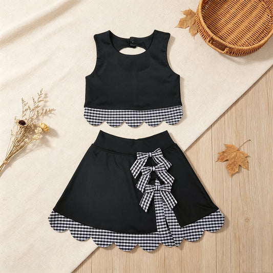 NEW RTS NO MOQ yoga fabric GSD4176 Yoga Baby Girls Black Sleeveless Vest Scallop Skirt Yoga Active Set