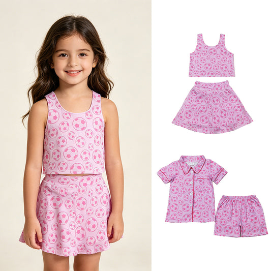 RTS NO MOQ Sibling Baby Girls Pink Soccer Buttons Shirt Shorts Pajamas Sets Active Wear Top Shorts Skirts Sets