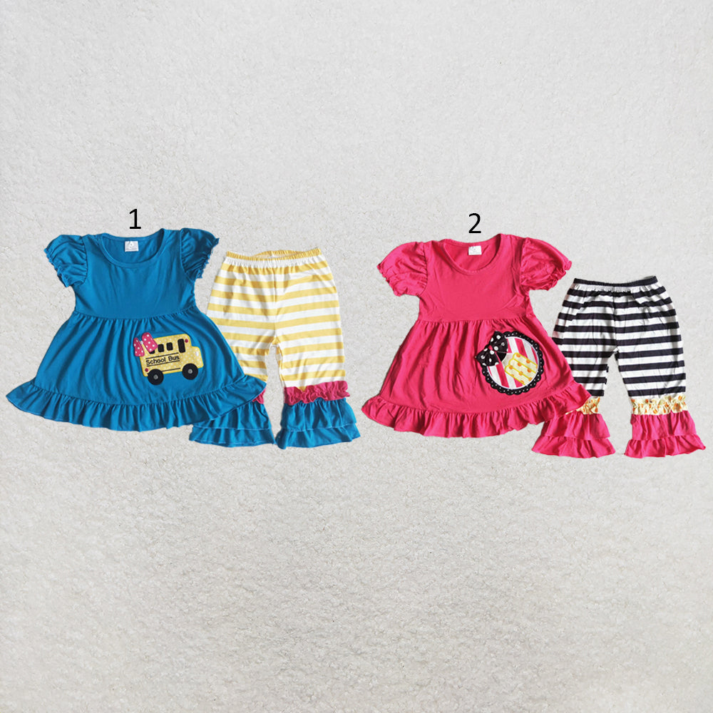 RTS NO MOQ Sibling milk silk Baby Girls Short Sleeve Top Capri Pants Back To School Clothes Set(2T-14-16T）