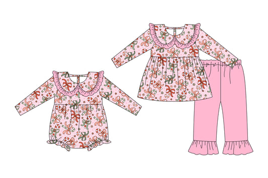 25.7.2 custom each style moq 5eta 4-6week Sibling Sisters Christmas bow baby girl long sleeve pants sets and rompers match family design