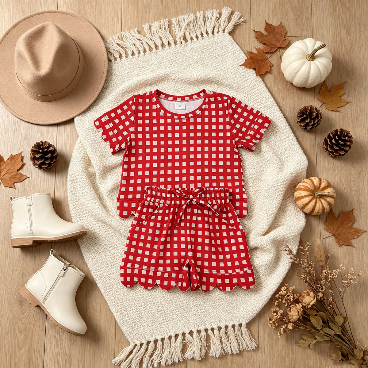 NEW RTS NO MOQ milk silk GSSO3838 Baby Girls Red Check Shirt Top Scallop Shorts Set