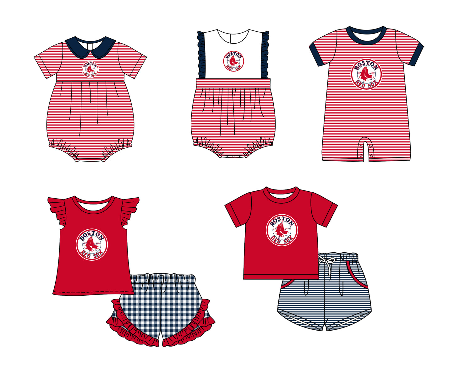 Custom moq 5 mix size milk silk summer teams Baby Boys And Girls Red Short-Sleeved Shirt And Shorts Set Matching Striped Rompers Outfit Set