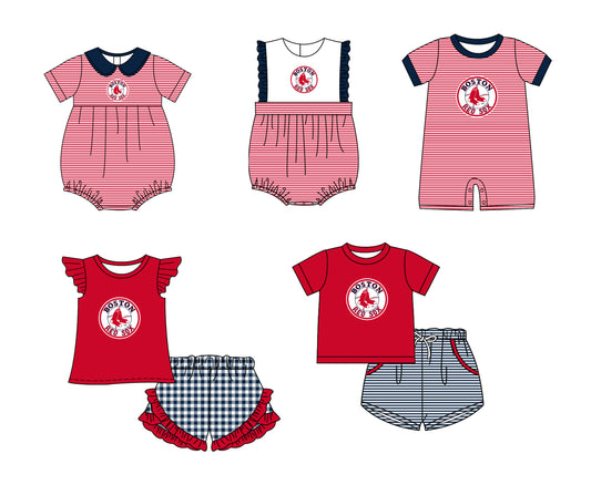 Custom moq 5 mix size milk silk summer teams Baby Boys And Girls Red Short-Sleeved Shirt And Shorts Set Matching Striped Rompers Outfit Set