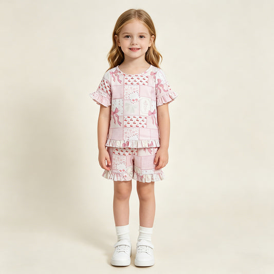 RTS NO MOQ GSSO3321 Baby Girls Cute Bows Flowers Checked Top Ruffle Pajama Shorts
