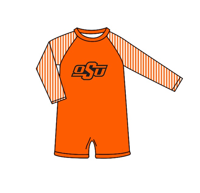 Custom moq 5 mix size milk silk summer teams baby girl boys clothes Orange Two-Piece Swimsuit Set One Piece Swimsuits boy swim trunks