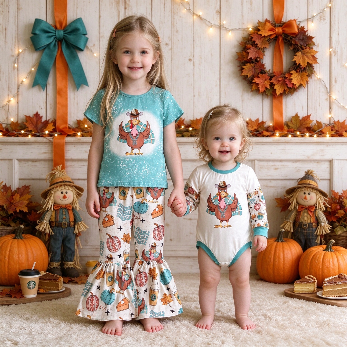 Blue Turkey Thanksgiving Sister Collection - Baby Girls Bell Bottom Pants Set & Kids Turkey Romper