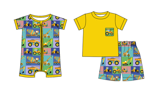 25.10.1 custom each style moq 8 eta 6-8week Sibling Sisters yellow baby boy clothes short sleeve shorts sets and romper match family design