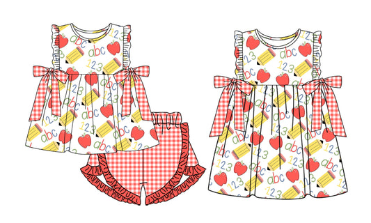 26.1.24 custom each style moq 5 eta 6-8week Sibling Sister apple 123 baby short sleeve shorts sets and dress match design