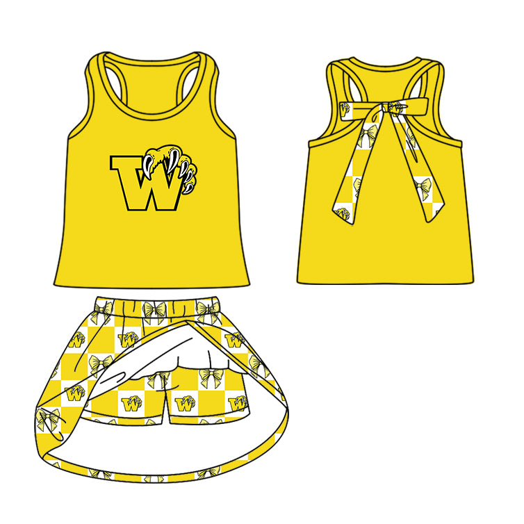 Custom moq 5 mix size milk silk summer teams Checked Bows Yellow Baby Girl Sleeveless Top Skirt Short Set Dress And Shorts Yoga Outfit Boy's Top Shorts Set Romper