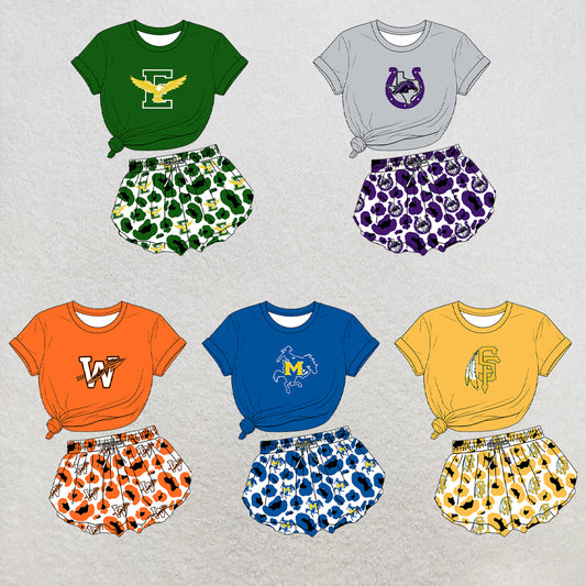 custom moq 5 mix size  XY072107 Baby Girls Print Short Sleeve Top Leopard Print Shorts Team Outfit Set