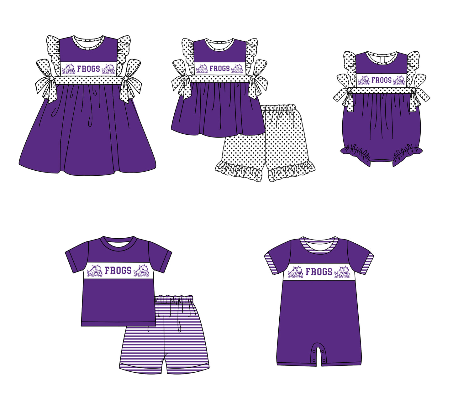 Custom moq 5 mix size milk silk summer teams baby girl boys clothes Purple short sleeve shorts sets 2  and dress and rompers 2 series