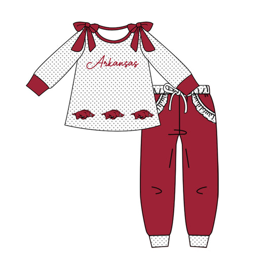 Custom moq 5 mix size milk silk summer teams baby girl clothes dark red long sleeve pants sets-25.10.14