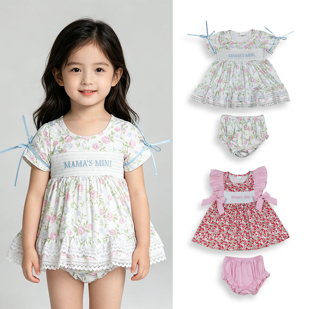 RTS NO MOQ Sibling Baby Girls Embroidery Flowers Tunic And Bummies Clothing Set