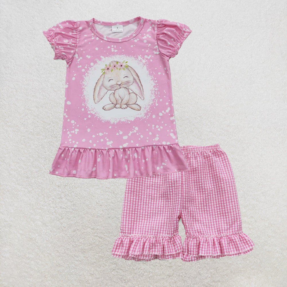 RTS NO MOQ milk silk GT0466+SS0063 Baby Girls Pink Easter Rabbit Short Sleeve Tee Shirts Tops Plaid Shorts