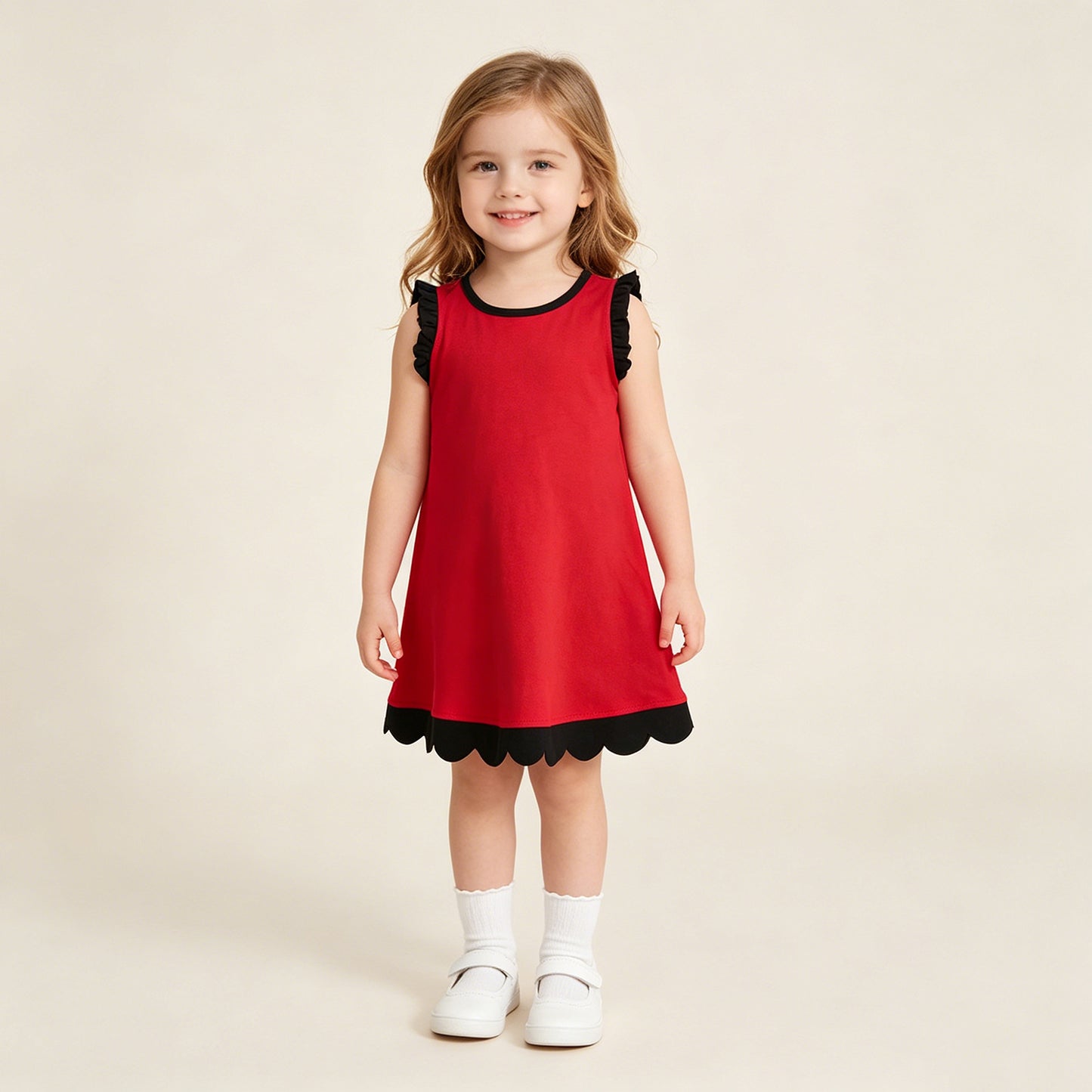 RTS NO MOQ cotton GSD4057 Baby Girls Black Red Two Tone Sleeveless Dress With Scallop Edge