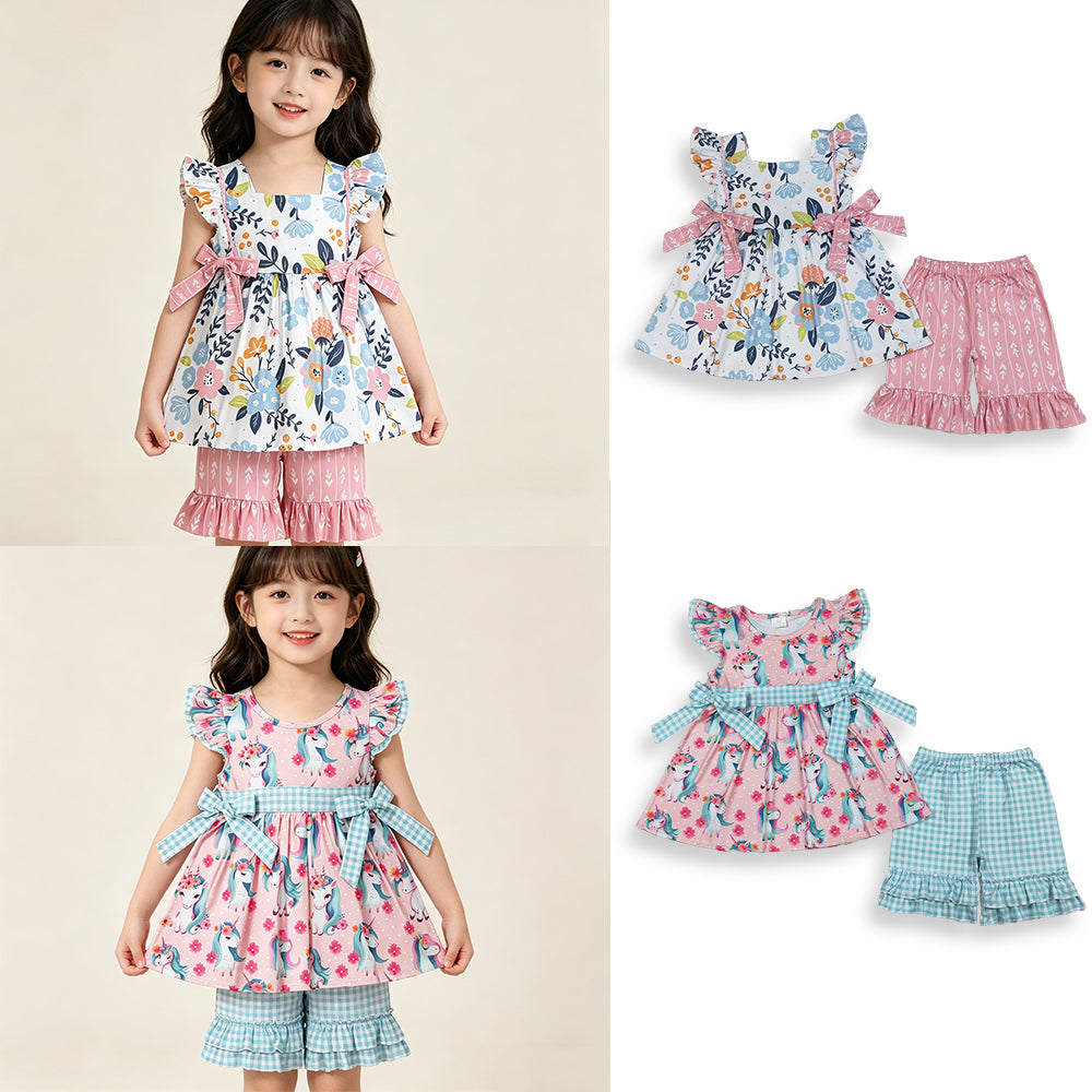RTS NO MOQ Sibling Baby Girls Floral Tunic with Flutter Sleeves And Ruffle Shorts Outfit Set Cute Infant Clothing