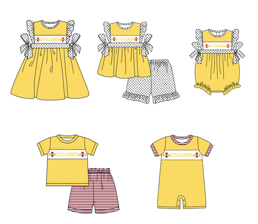 Custom moq 5 mix size milk silk summer teams baby girl boys clothes yellow short sleeve shorts sets 2  and dress and rompers 2 series