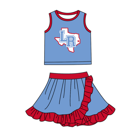 Custom moq 5 mix size milk silk summer teams Baby Girls Blue Red Vest Scallop Skirt Yoga Set