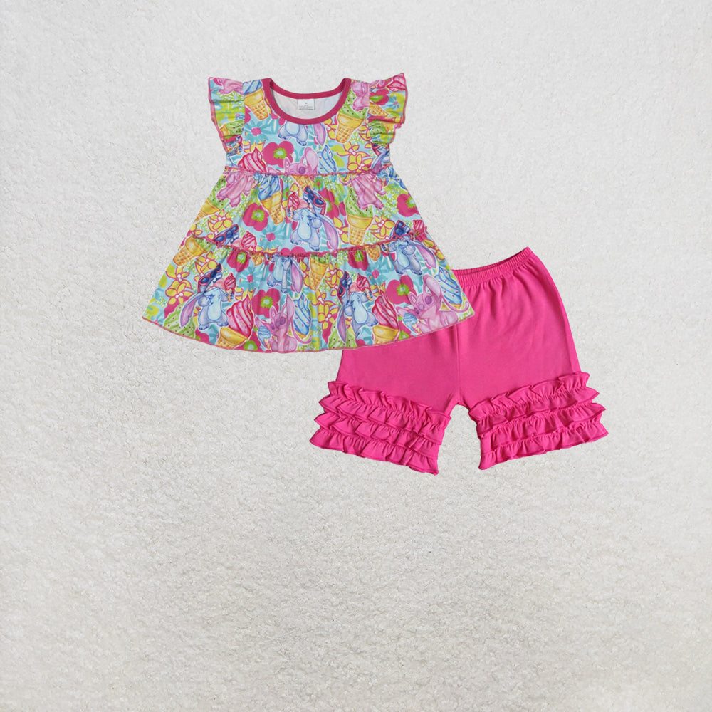 RTS NO MOQ GT0471+A14-14 Baby Girls Flowers Flutter Sleeve Patchwork T-shirts Top Set