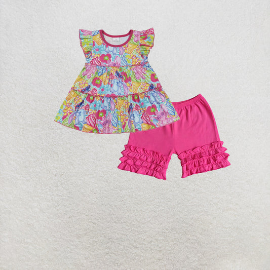 RTS NO MOQ GT0471+A14-14 Baby Girls Flowers Flutter Sleeve Patchwork T-shirts Top Set