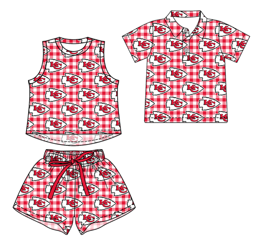Custom moq 5 mix size milk silk summer teams Girls Red  Checked Top And Short Sets Boys Short Sleeve Button Polo Shirt Top
