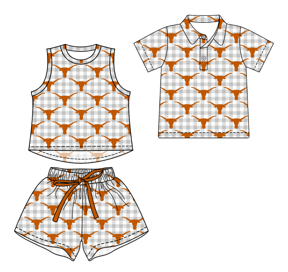 Custom moq 5 mix size milk silk summer teams Checked Girls Grey Sleeveless Top And Short Sets Boys Short Sleeve Button Polo Shirt Top