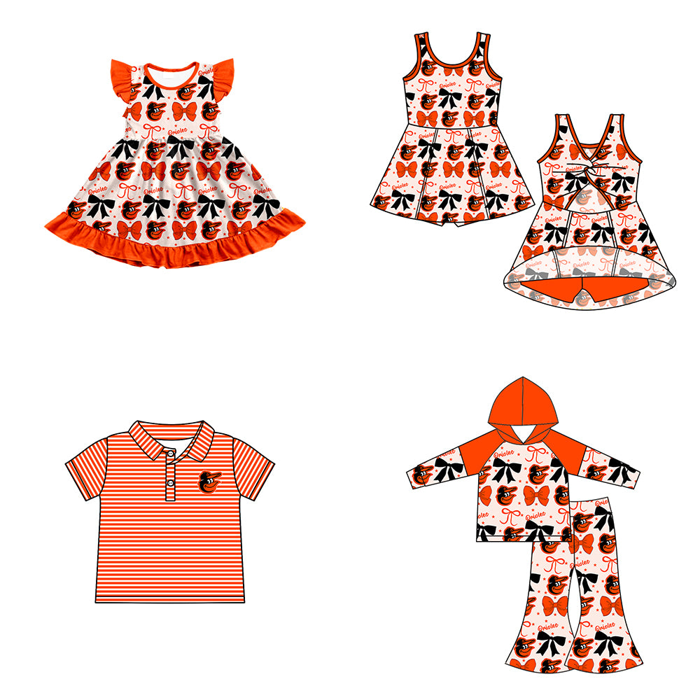 Custom moq 5 mix size milk silk summer teams baby girls clothes team bow orange long sleeve hooded pants sets and dress 1 and dress 2 and top-25.6.17