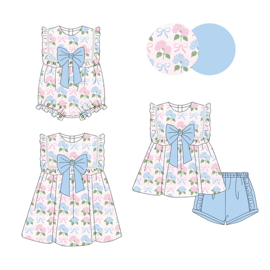 3.29 custom each style moq 5eta 4-6week Sibling Sisters floral bow baby girl short sleeve shorts sets and dress and rompers match family design