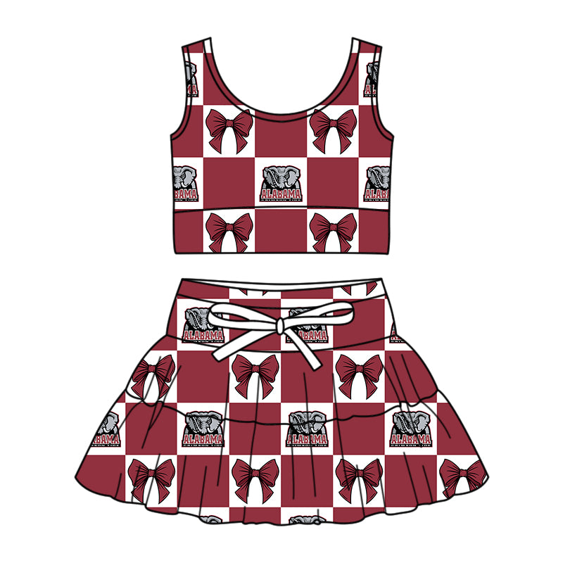 Custom moq 3 or 5 mix size milk silk summer teams baby girl clothes bow dark red sleeveless skirts sets-26.1.17