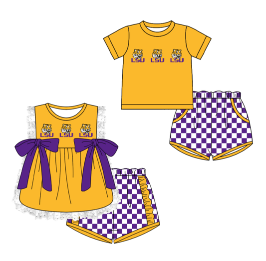 Custom moq 5 mix size milk silk summer teams Yellow Girl Sleeveless Top And Plaid Shorts Set with Bow Boy Short Sleeved Top And Plaid Shorts Set