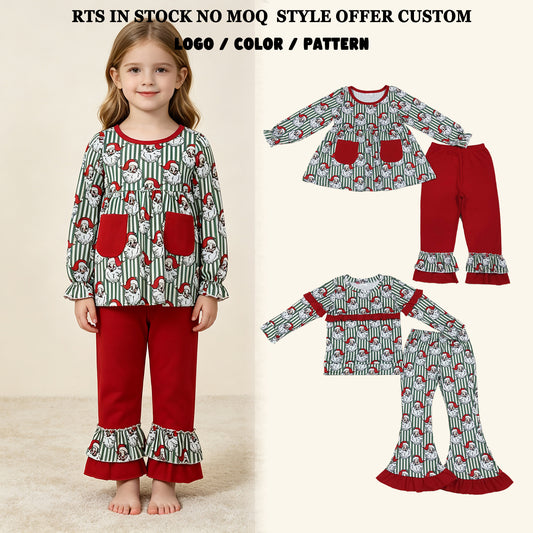 RTS NO MOQ Sibling milk silk Baby Girls Santa Christmas Tree Print Long Sleeve Top And Flare Pants Set