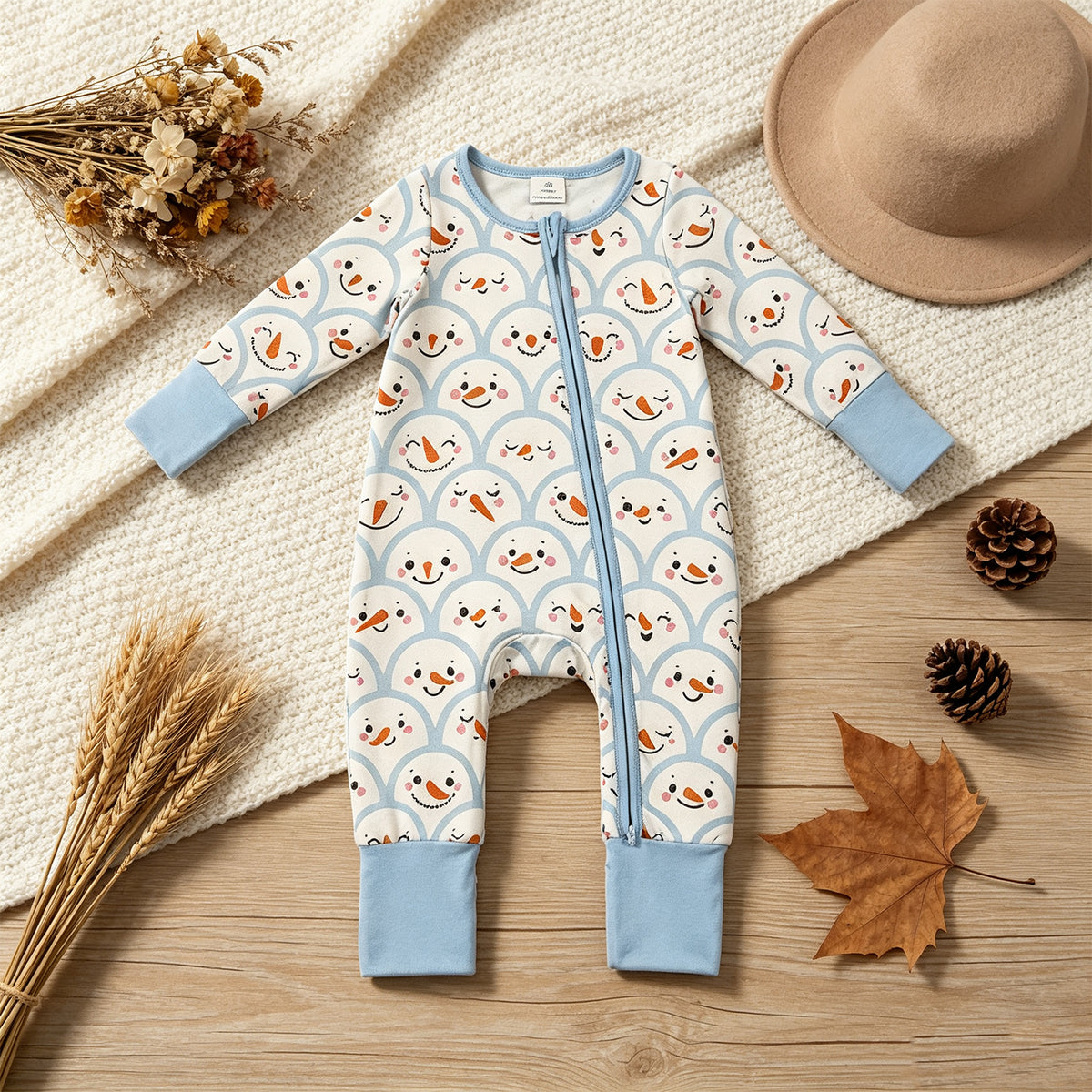 NEW RTS NO MOQ milk silk LR3166 Baby Boys Long Sleeve Blue Snowman Print Two Way Zip Front Convertible Christmas Romper=