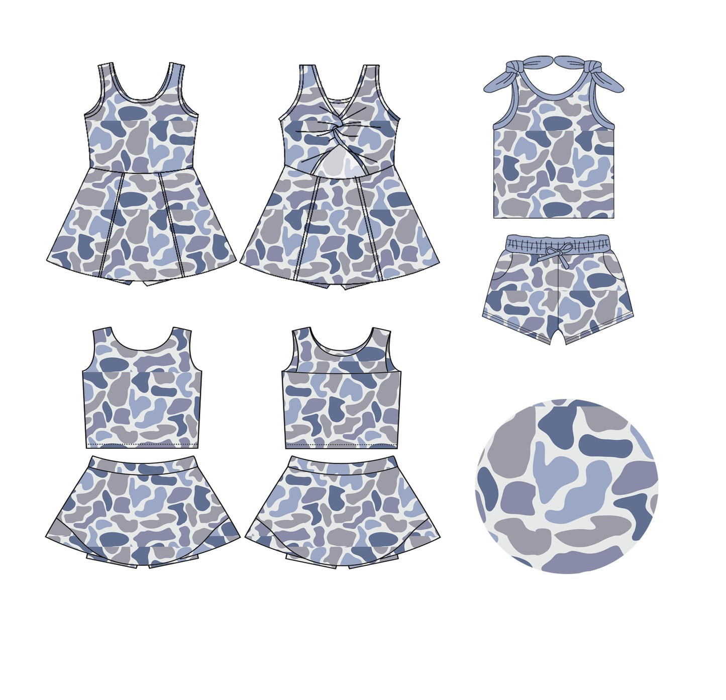 25.5.29 custom each style moq 5eta 4-6week Sibling Sister camouflage baby girl short sleeve shorts sets and skirts sets and dress match design