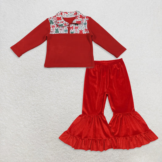 RTS NO MOQ（In Stock) Red and Green Bow Pattern Plush Zippered Long-Sleeved Top Red Lace Pants sets and top and pants