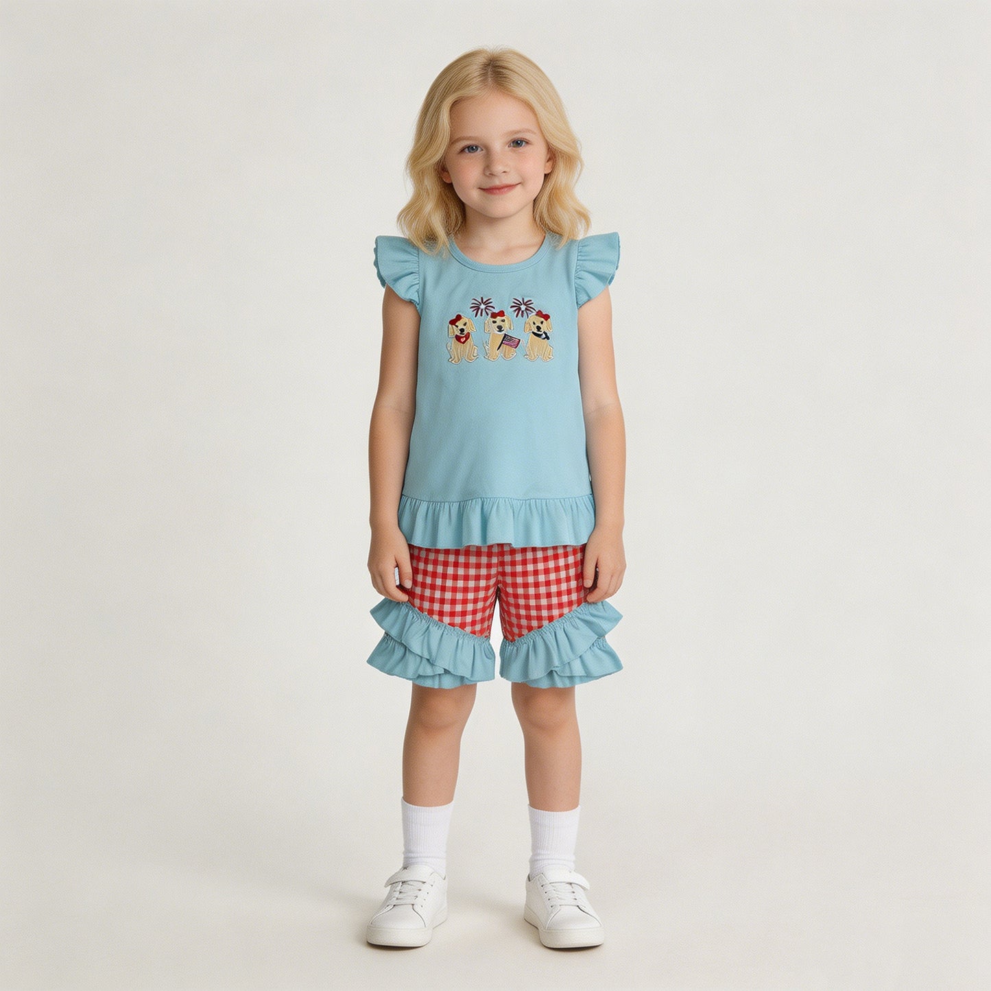 RTS NO MOQ milk silk GSSO3356 Baby Girls Embroidery Flag Dog Plaid Ruffle Short 4th of July Set