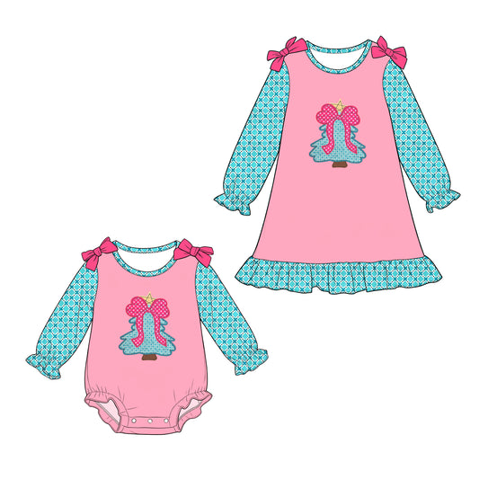 (Preorder new) No moq Baby Girls Christmas Tree Print Long Sleeve Dress Rompers Casual Holiday Outfit