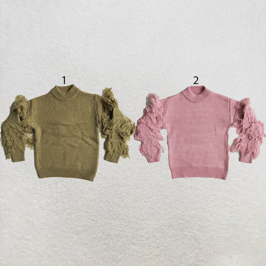 RTS NO MOQ Sibling Sweater Toddler Kids Solid Color Long Sleeve Tassel Sleeve Knit Sweater